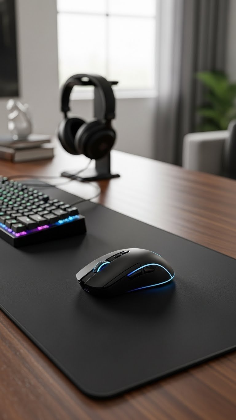 Advanced wireless gaming mouse on large performance mousepad with subtle RGB accents on dark desk