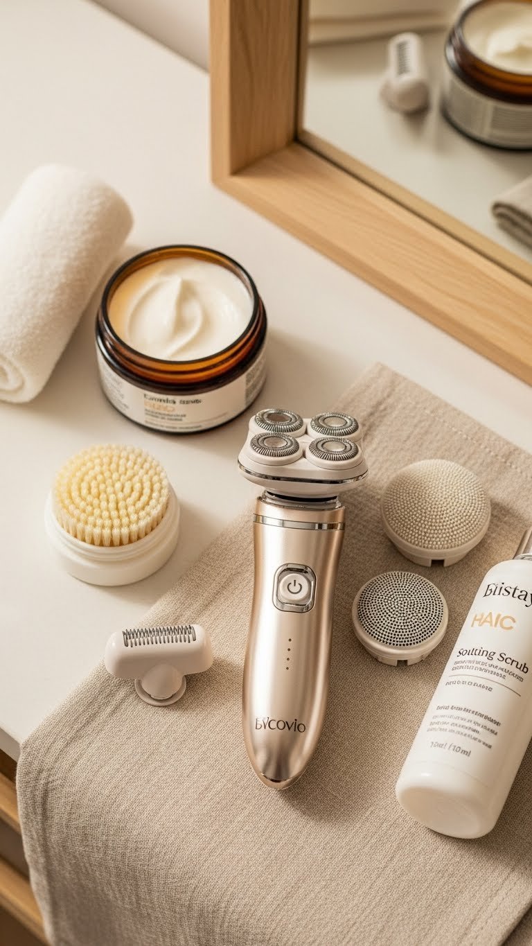 Advanced women's electric shaver kit with interchangeable heads arranged on soft linen cloth