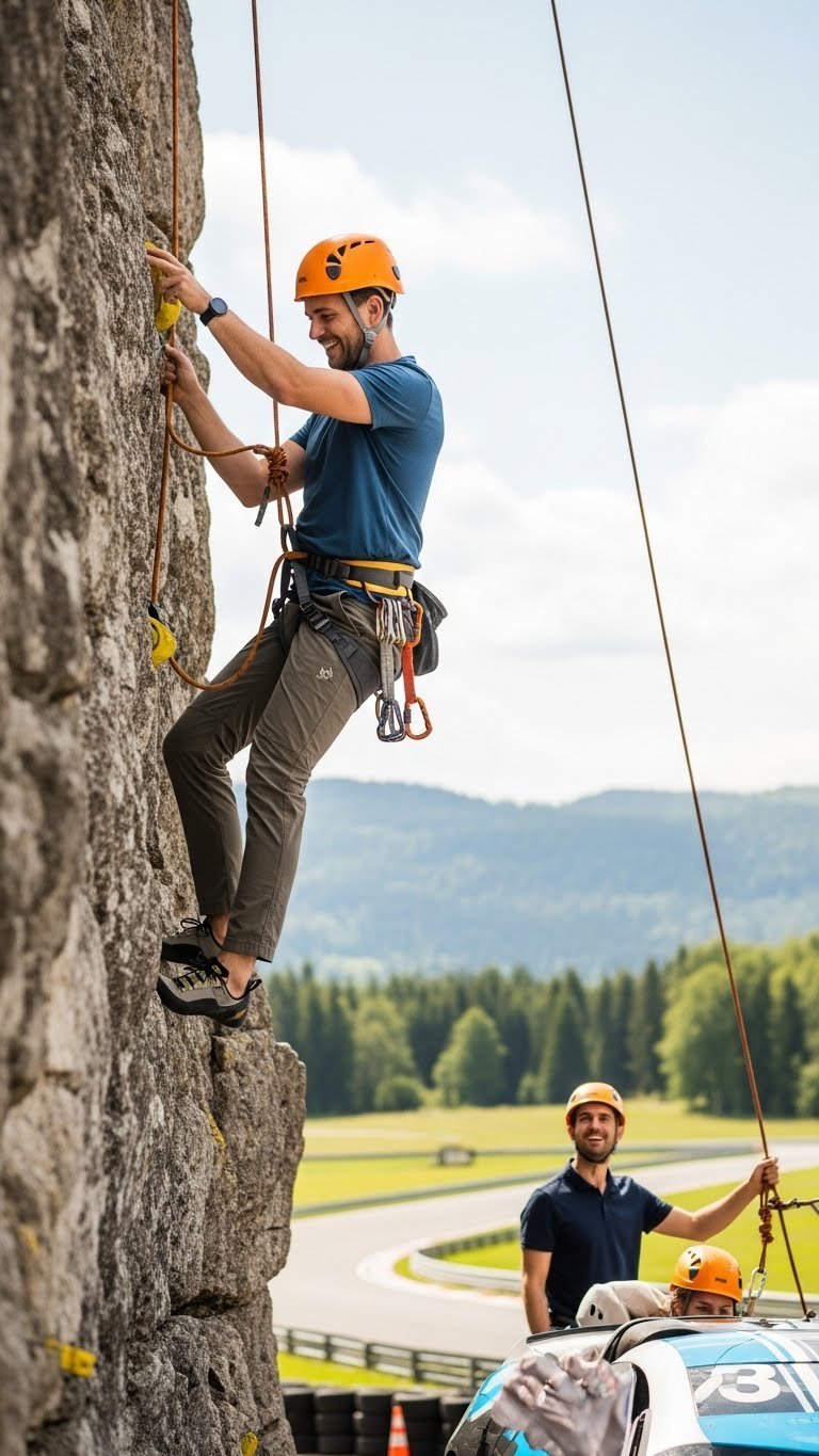 Adventure experience gifts showing rock climbing or car racing activity in natural outdoor setting with safety gear