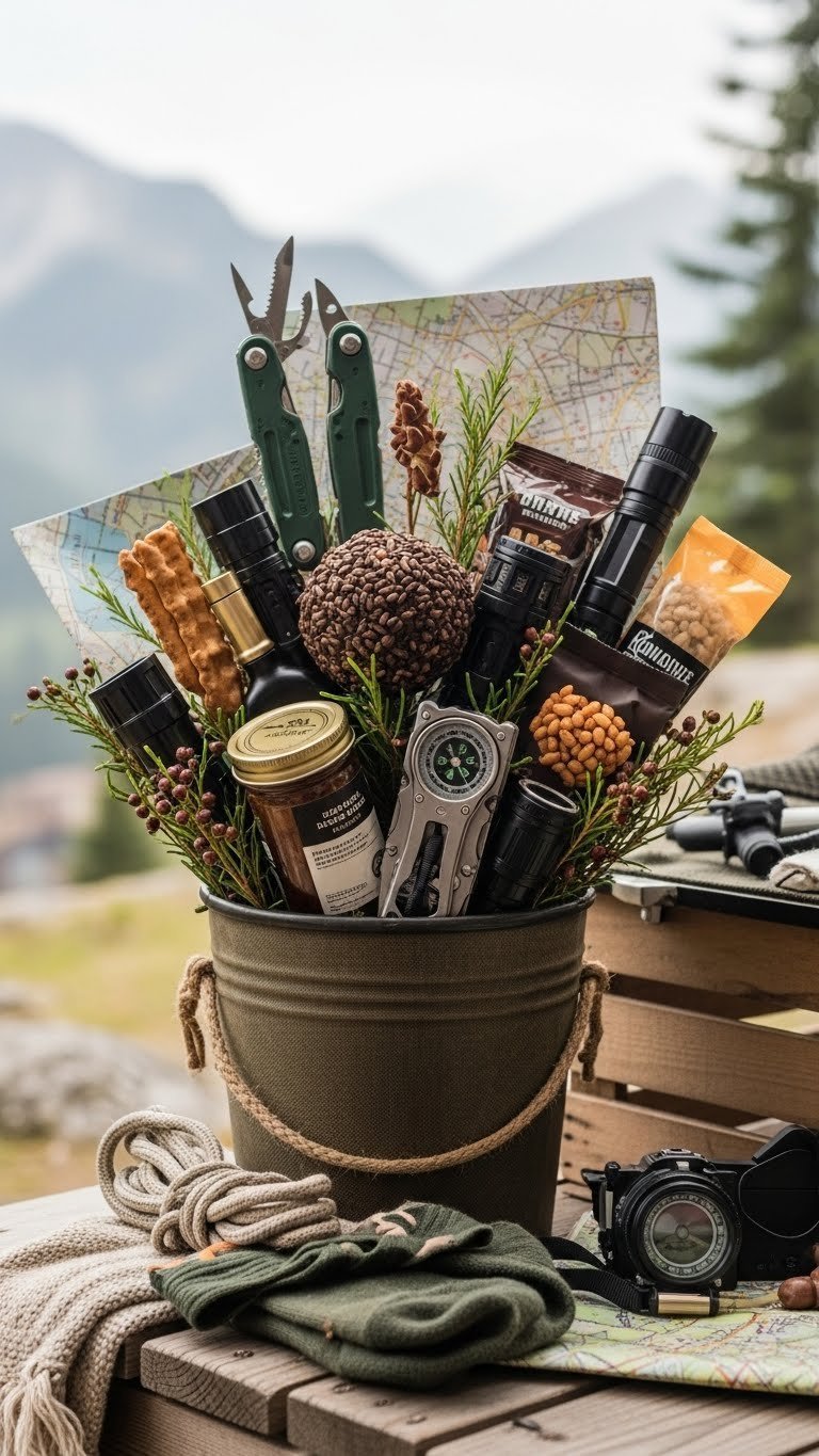 Adventure outdoorsman's bouquet showcasing rugged outdoor gear in natural wooden crate against mountain backdrop