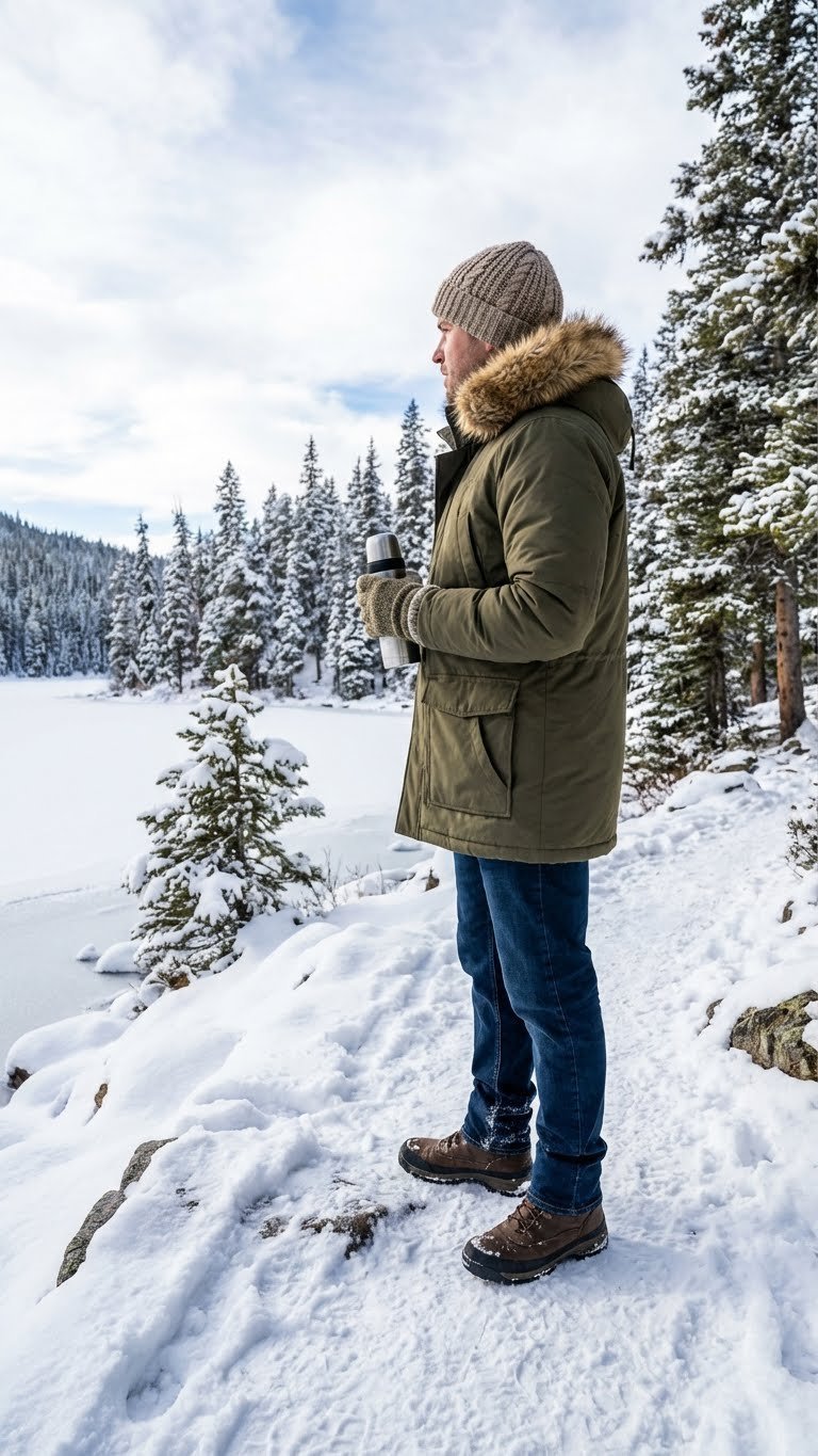 Adventurer in warm winter gear: dark blue fleece-lined jeans, olive parka, and waterproof hiking boots in snow.