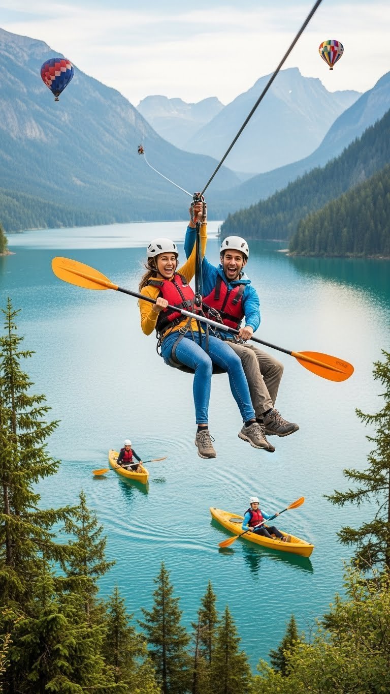 Adventurous couple zip-lining through lush forest with vibrant outdoor scenery and action-filled composition
