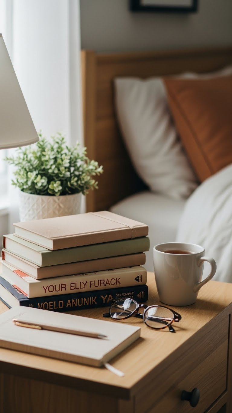 Aesthetic journals and bestselling books stacked with teacup on wooden bedside table