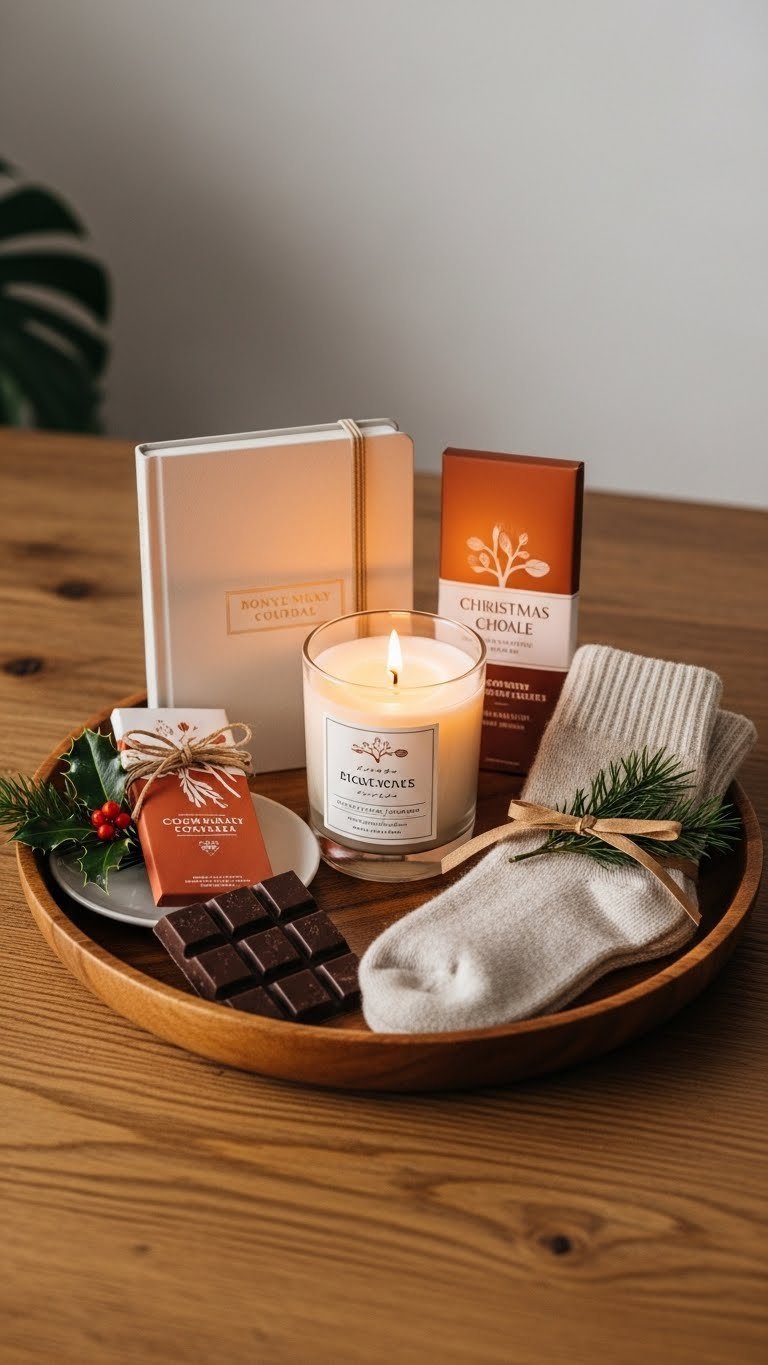 Affordable Christmas gifts under $50 including journal, scented candle, and socks on wooden tray
