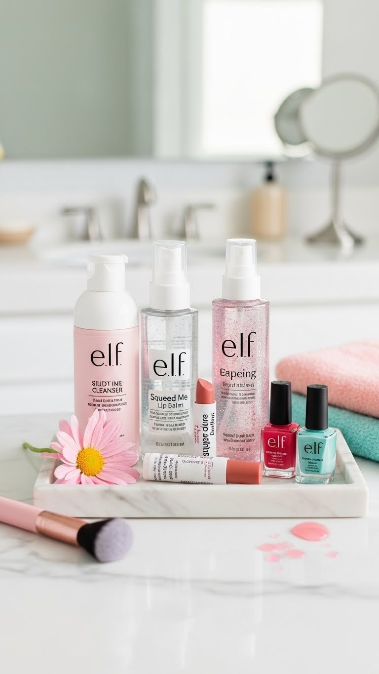 Age-appropriate beauty set with gentle cleanser, hydrating mist, tinted lip balm, and colorful nail polishes on marble vanity tray.