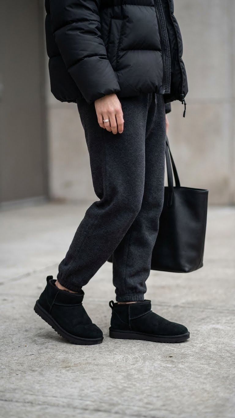 All-black athleisure with Ultra Mini Uggs, sweatsuit, and puffer jacket on concrete. Urban monochromatic winter fashion.