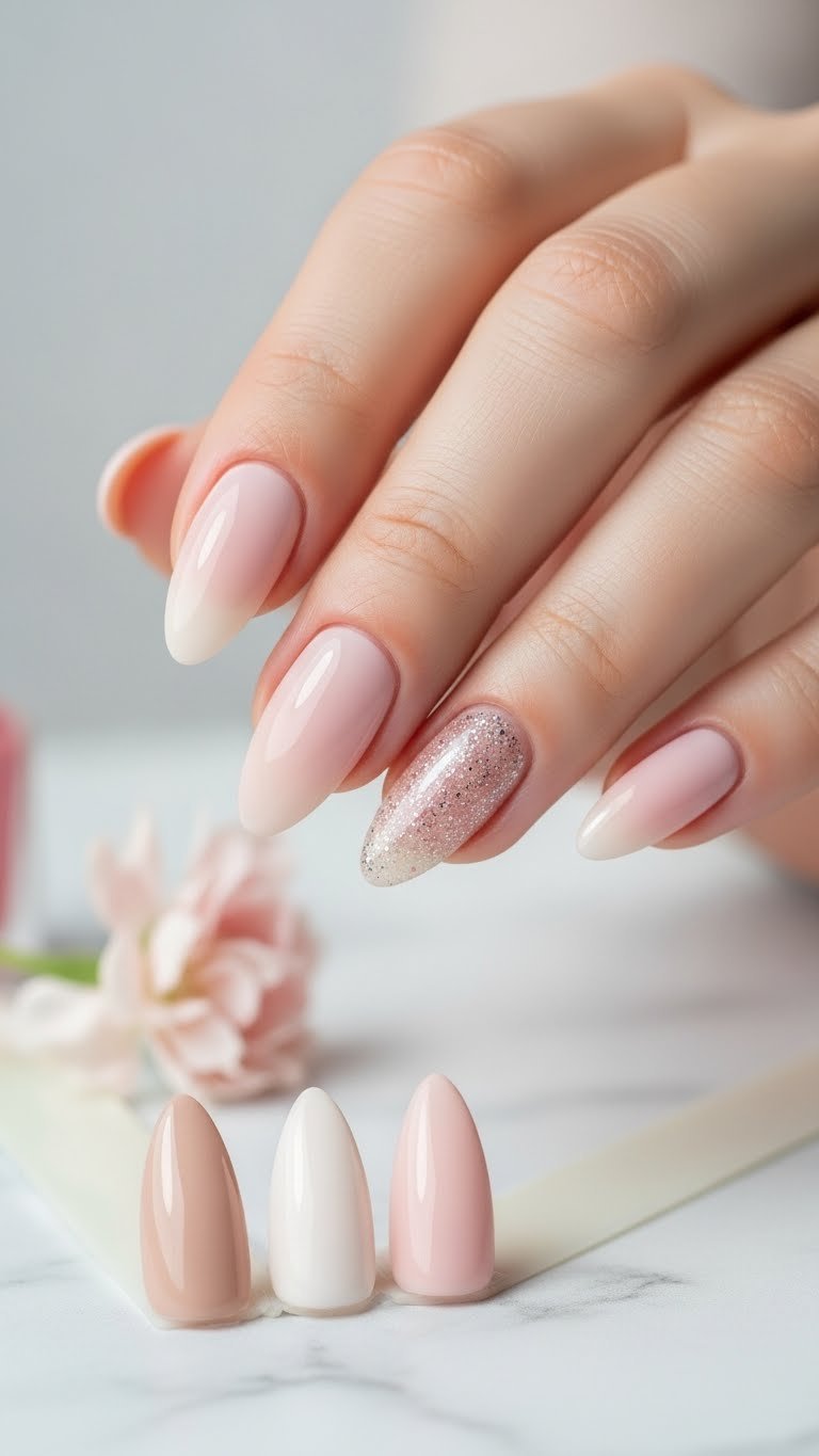 Almond nails showcasing different lengths and finishes in nude shades on polished marble background