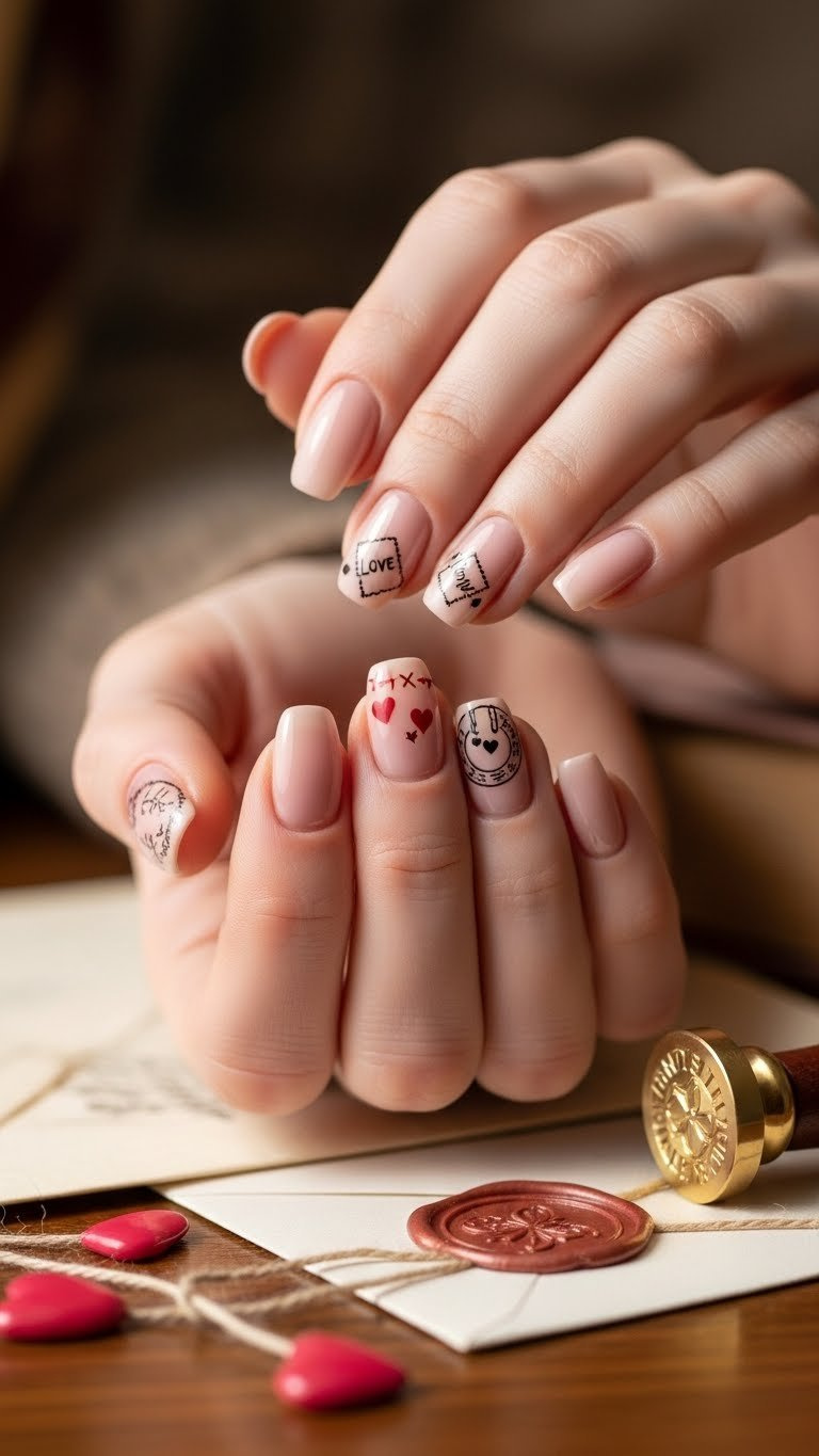 Almond-shaped nude nails with delicate script lettering design, envelope and wax seal props on vintage wooden desk