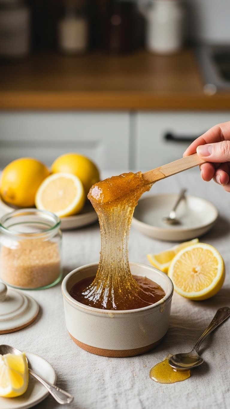 Amber-colored sugar, lemon, and honey natural sugaring paste in rustic ceramic pot with wooden spatula