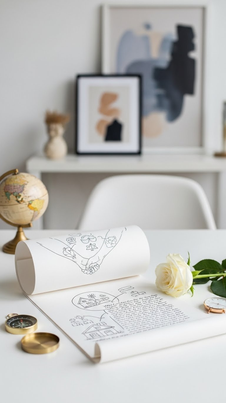 An elegant 'future dreams' letter with abstract illustrations partially unrolled on minimalist white desk with compass and globe.