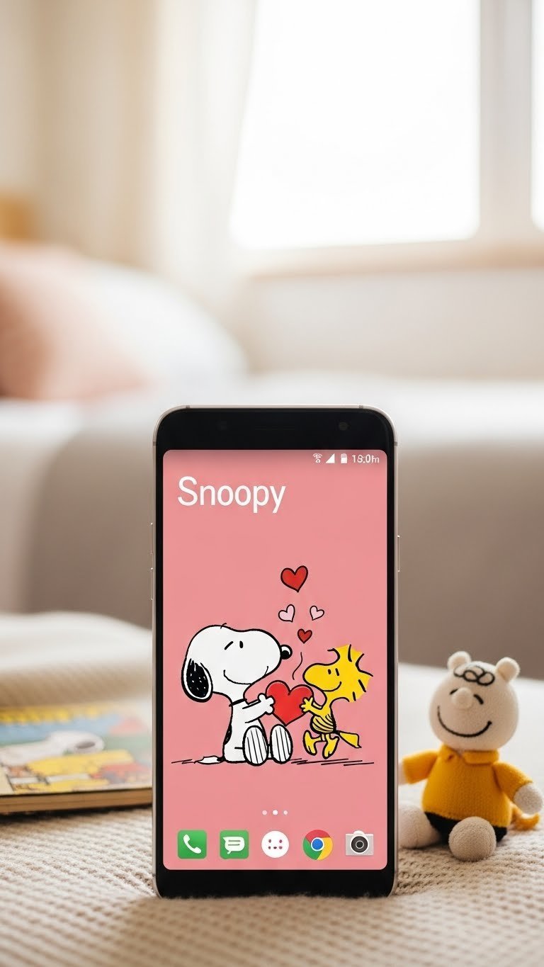 Android phone displaying Snoopy and Woodstock Valentine lockscreen on cream throw blanket