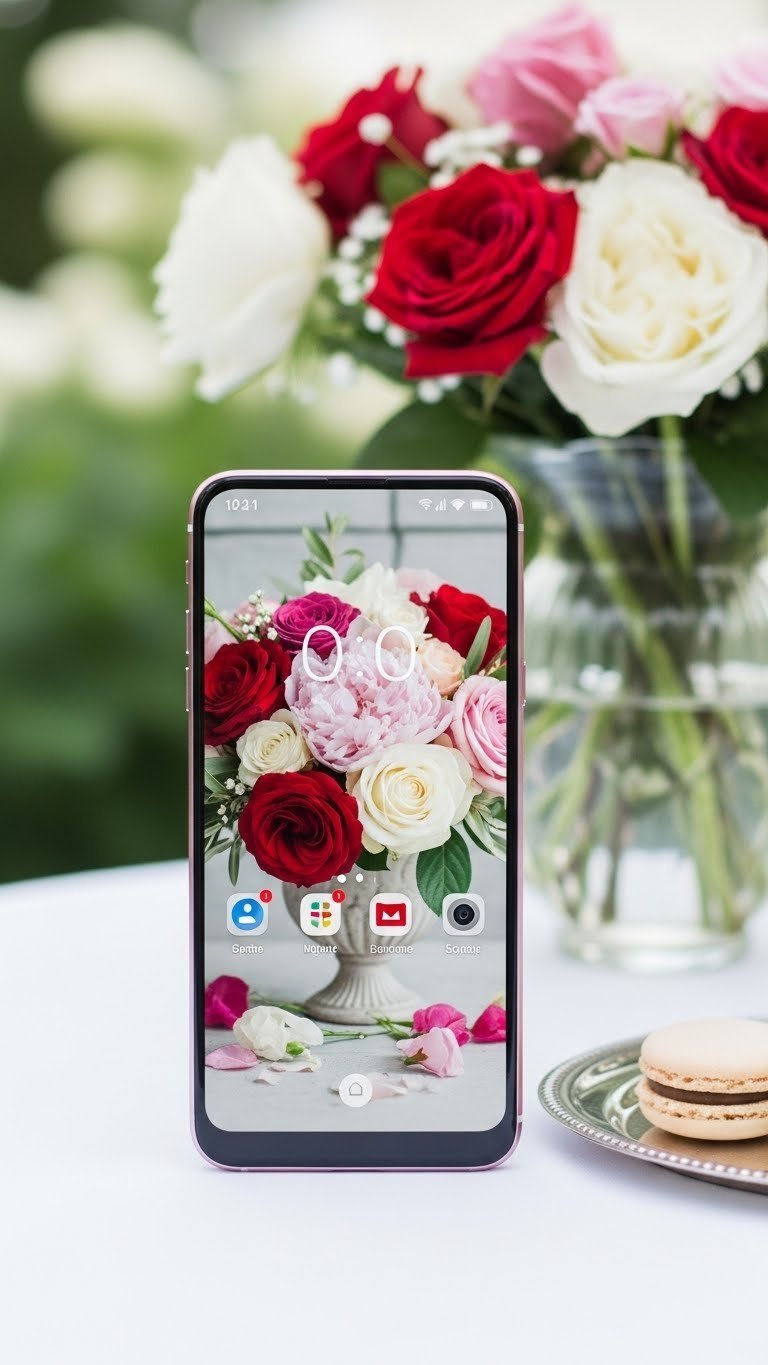 Android phone displaying vibrant floral romance lockscreen on white tablecloth