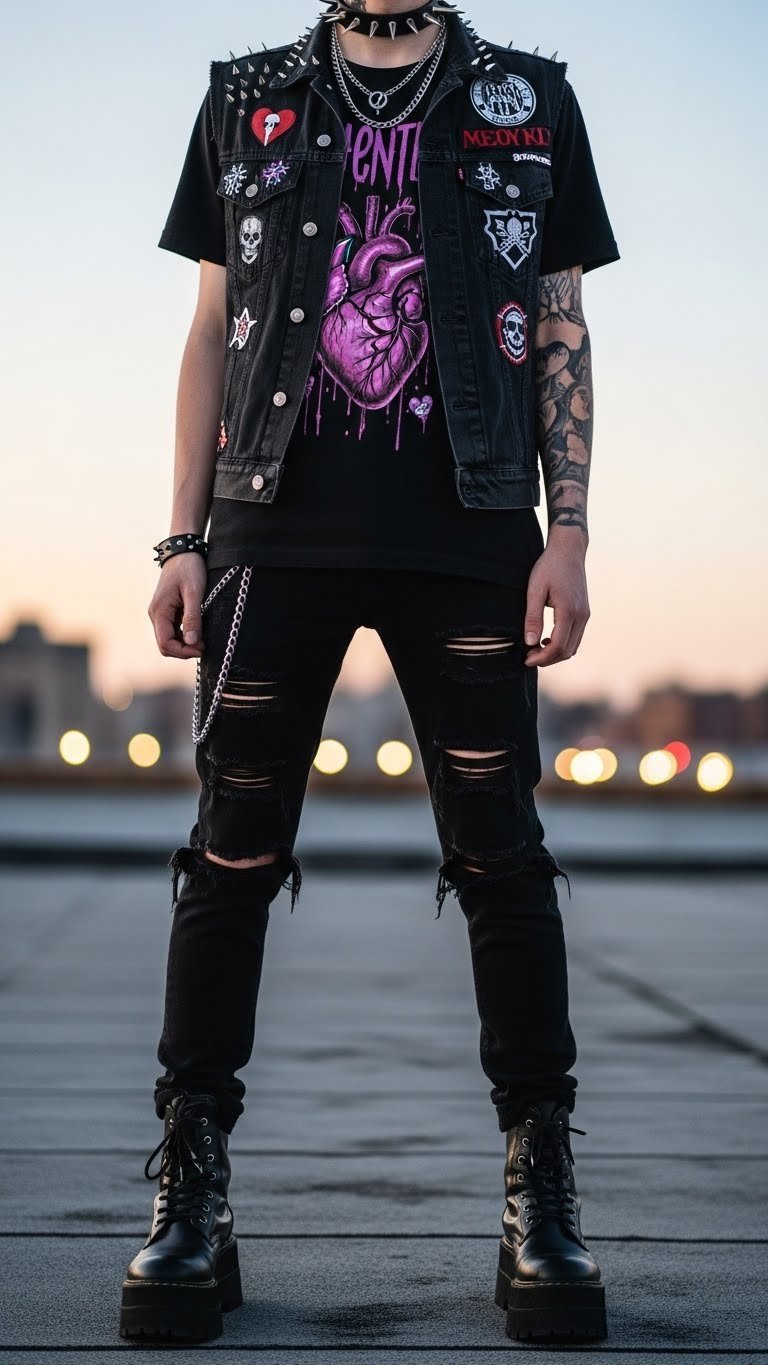 Anti-Valentine's Day goth rebel in sarcastic heart print t-shirt and studded vest on urban rooftop at dusk