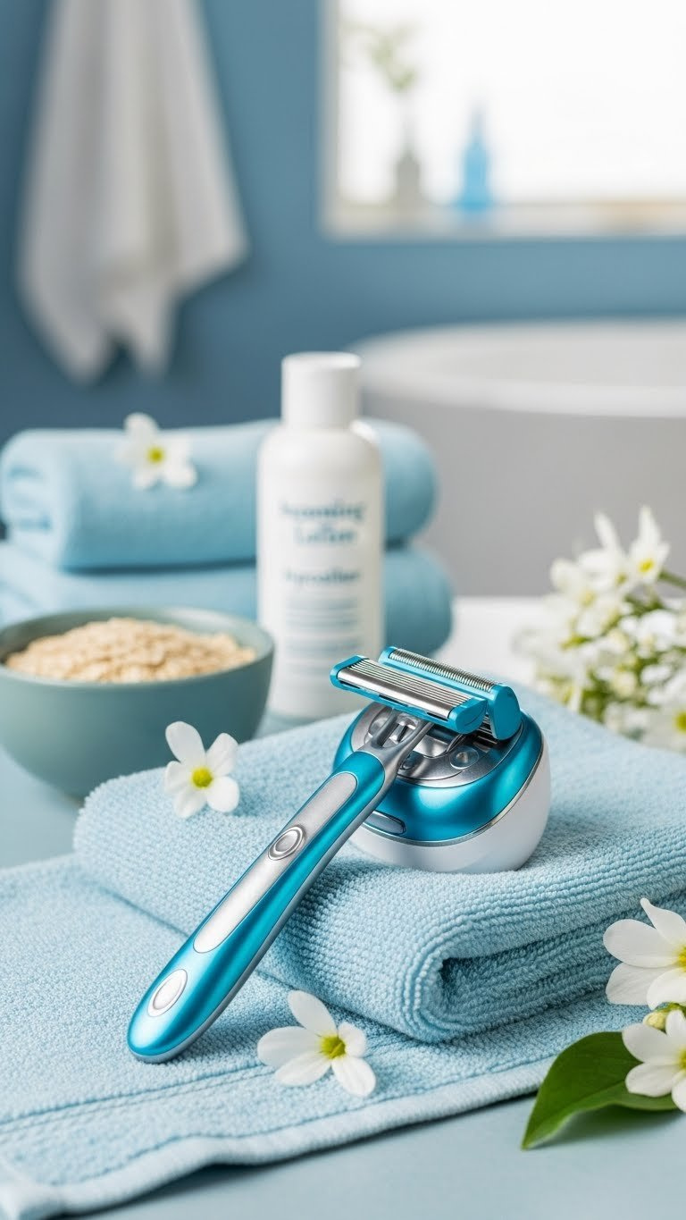 Anti-irritation razor for sensitive skin with cushioning guards on light blue linen towel in spa bathroom setting