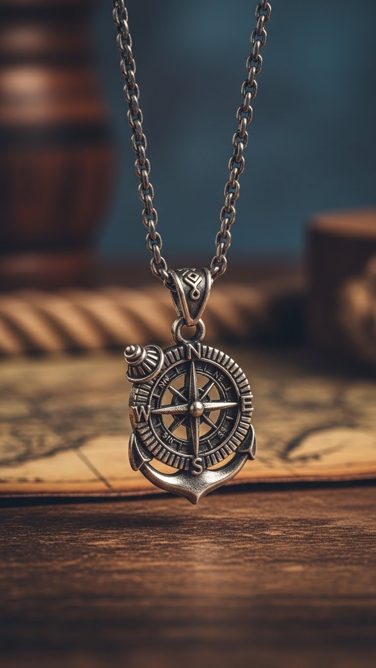 Antiqued silver compass statement pendant necklace on textured dark wood table with warm golden hour lighting