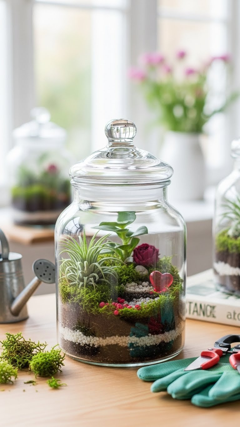 Apothecary jar Valentine's Day terrarium with succulents, moss, and heart accents on light wooden table with garden setting.