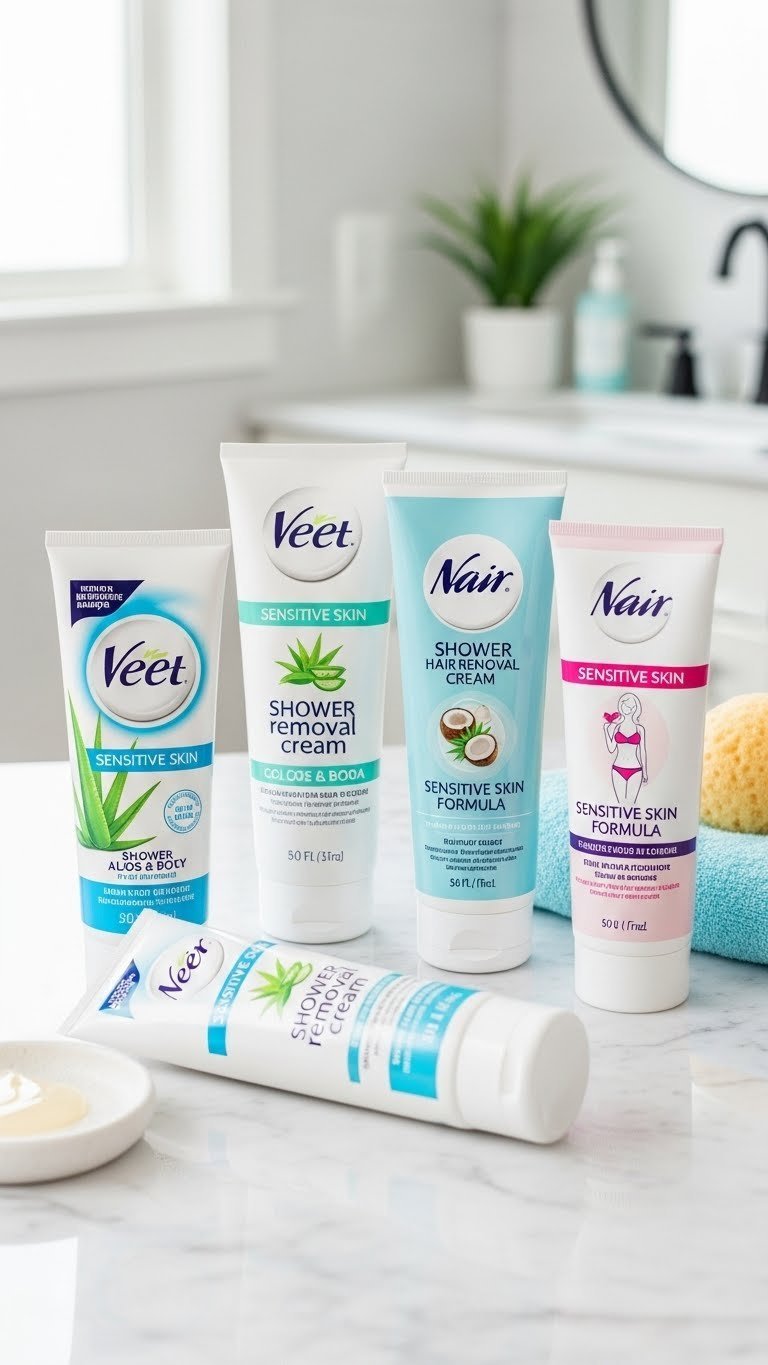 Arrangement of diverse shower hair removal cream tubes on white marble countertop