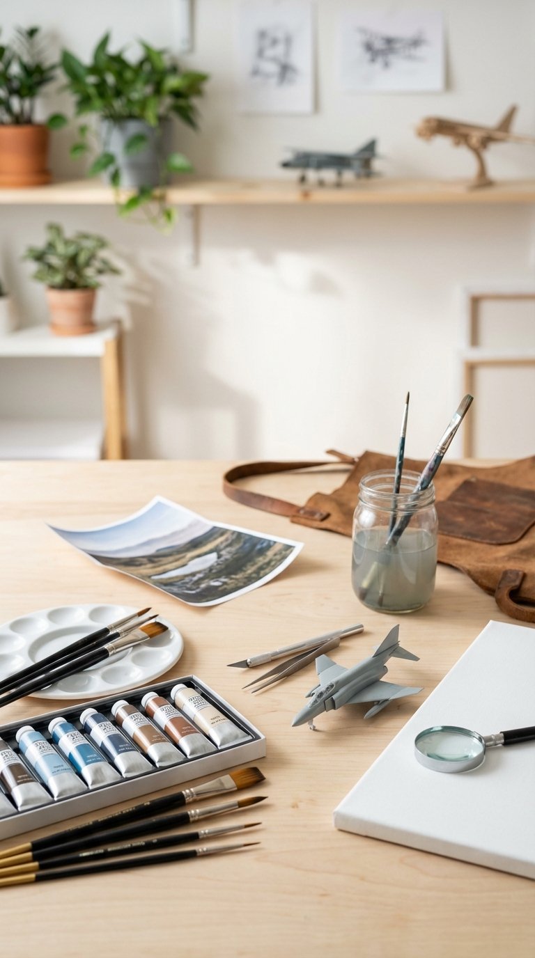 Art and hobby kit with acrylic paints, brushes, canvas, and model airplane arranged on light-colored workbench
