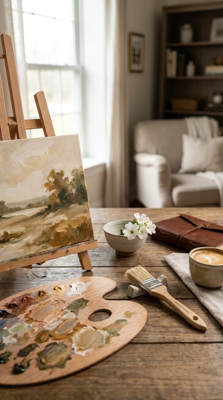 Art workshop setup with paintbrush, palette, and half-finished canvas on rustic wooden table in natural window light.
