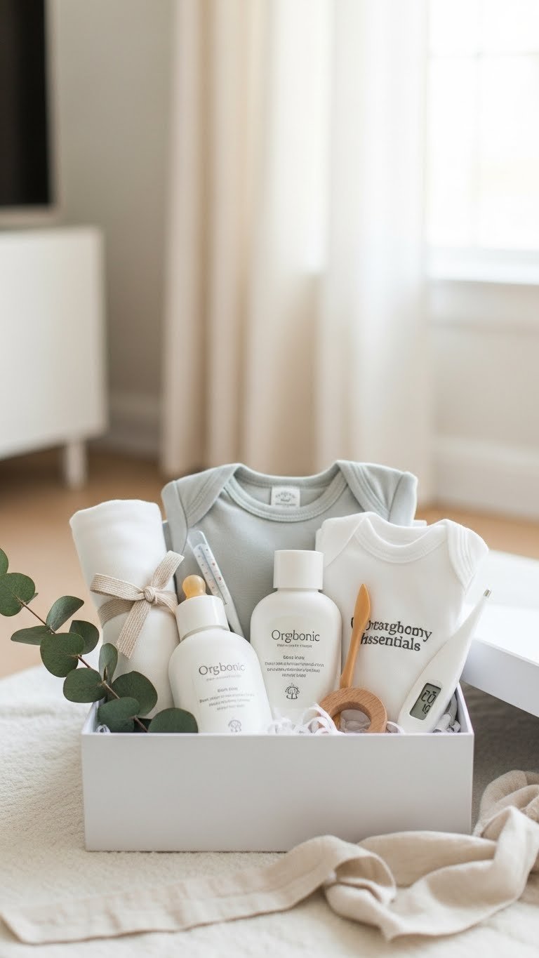 Artfully arranged newborn essentials bundle featuring organic onesies, burp cloth, baby lotion, and wooden teether in minimalist white gift box