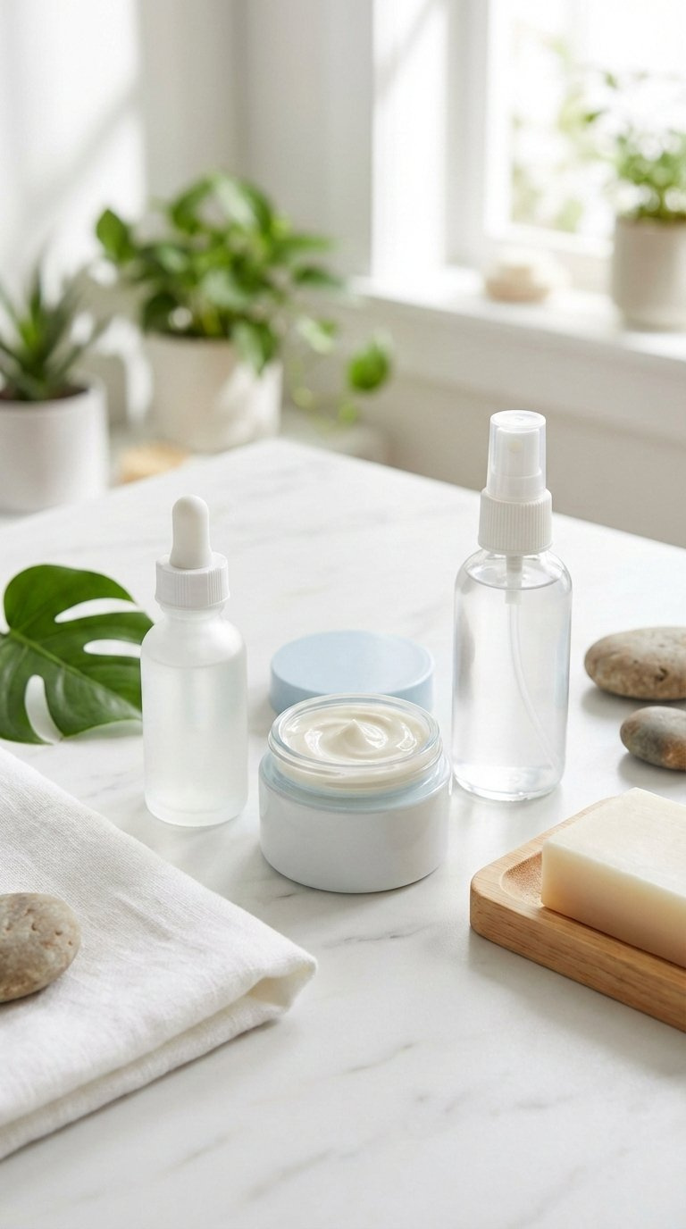 Artfully arranged pregnancy-safe skincare products on marble vanity including cleanser, serum, and stretch mark cream