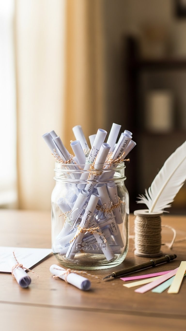 Artfully folded handwritten love notes spilling from rustic mason jar on wooden table with natural light and bokeh background