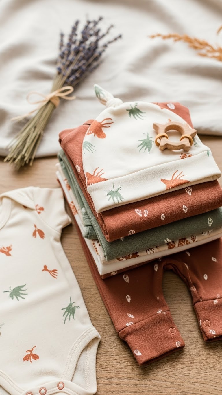 Artfully folded organic cotton baby clothes set in earthy tones with lavender sprig on rustic wooden table
