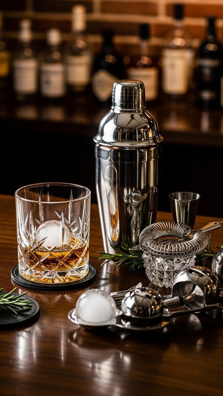 Artisan barware featuring hand-blown whiskey glasses, cocktail shaker, and ice sphere molds on dark polished wooden bar top