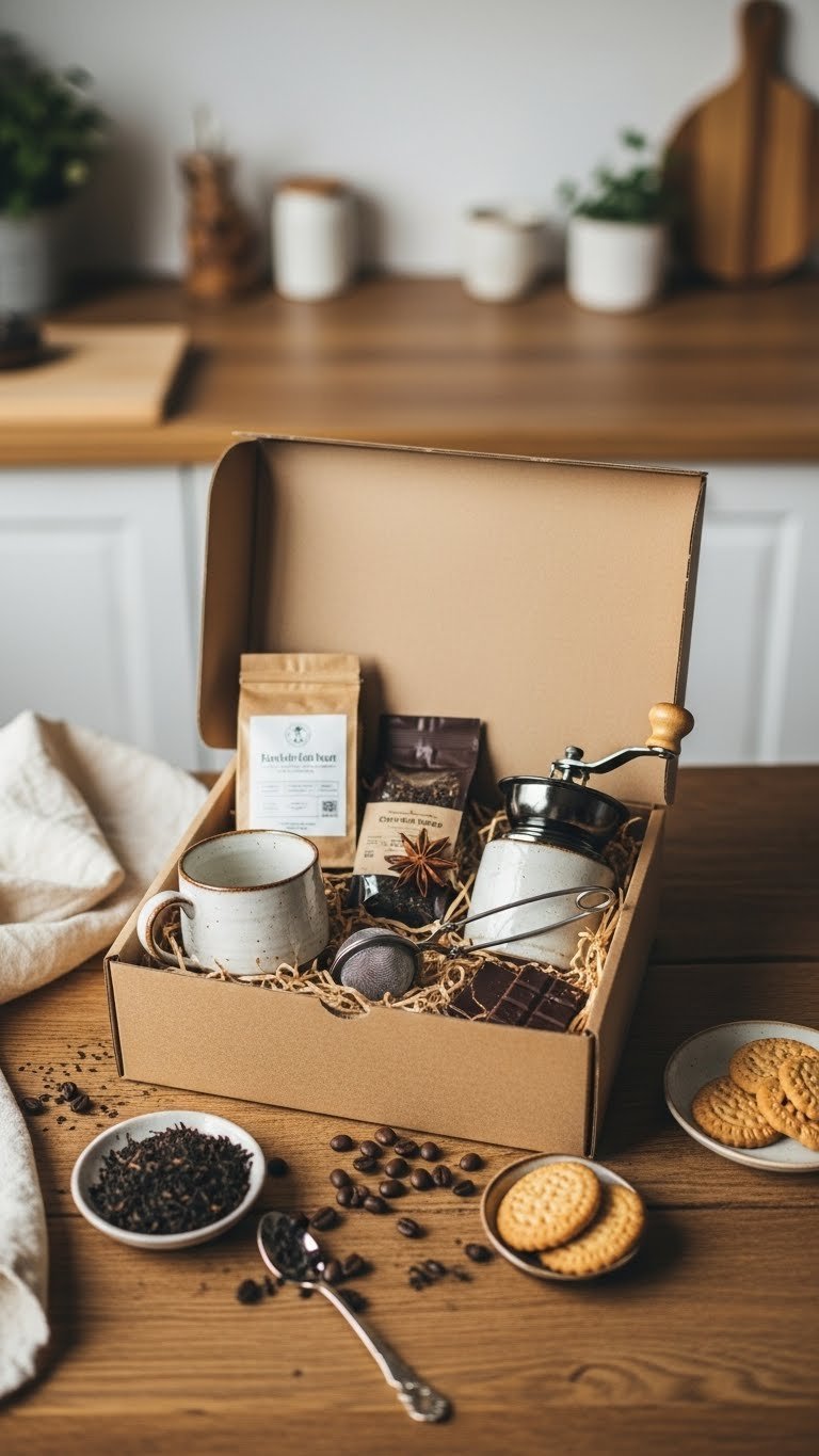 Artisan coffee gift box with ceramic mug, coffee beans, and tea infuser arranged on rustic wooden table surface.
