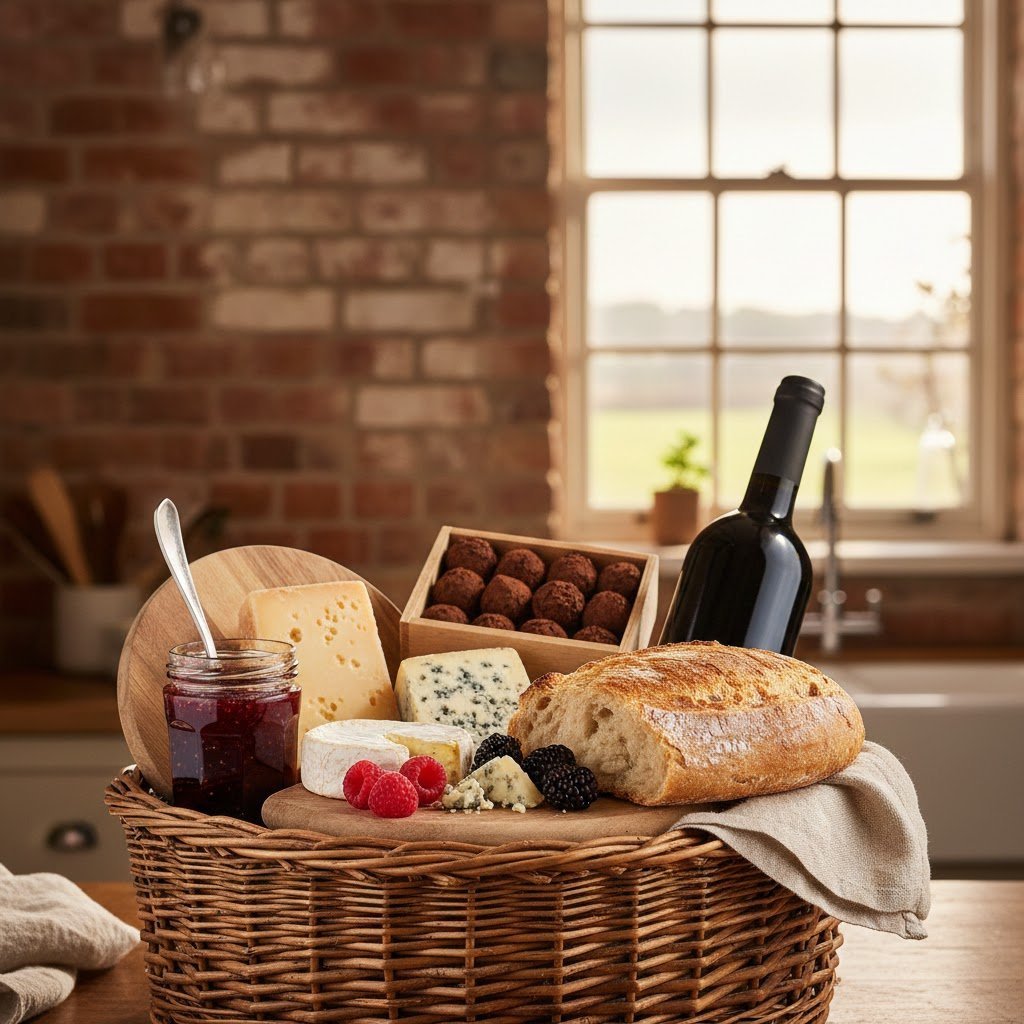 Artisan food basket with cheeses, bread, wine, and chocolates in woven basket with farmhouse kitchen background