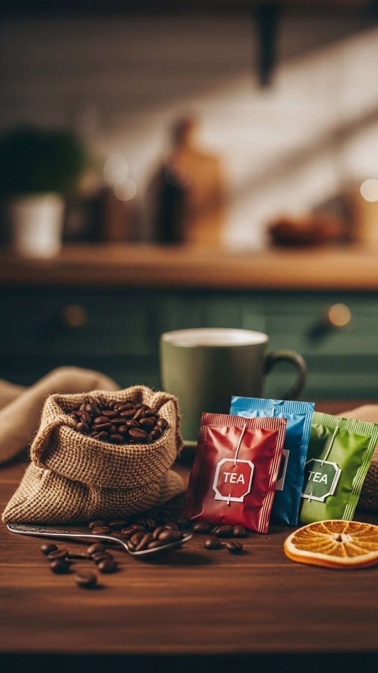 Artisanal coffee beans and colorful tea bags on rustic wooden table with warm golden hour lighting