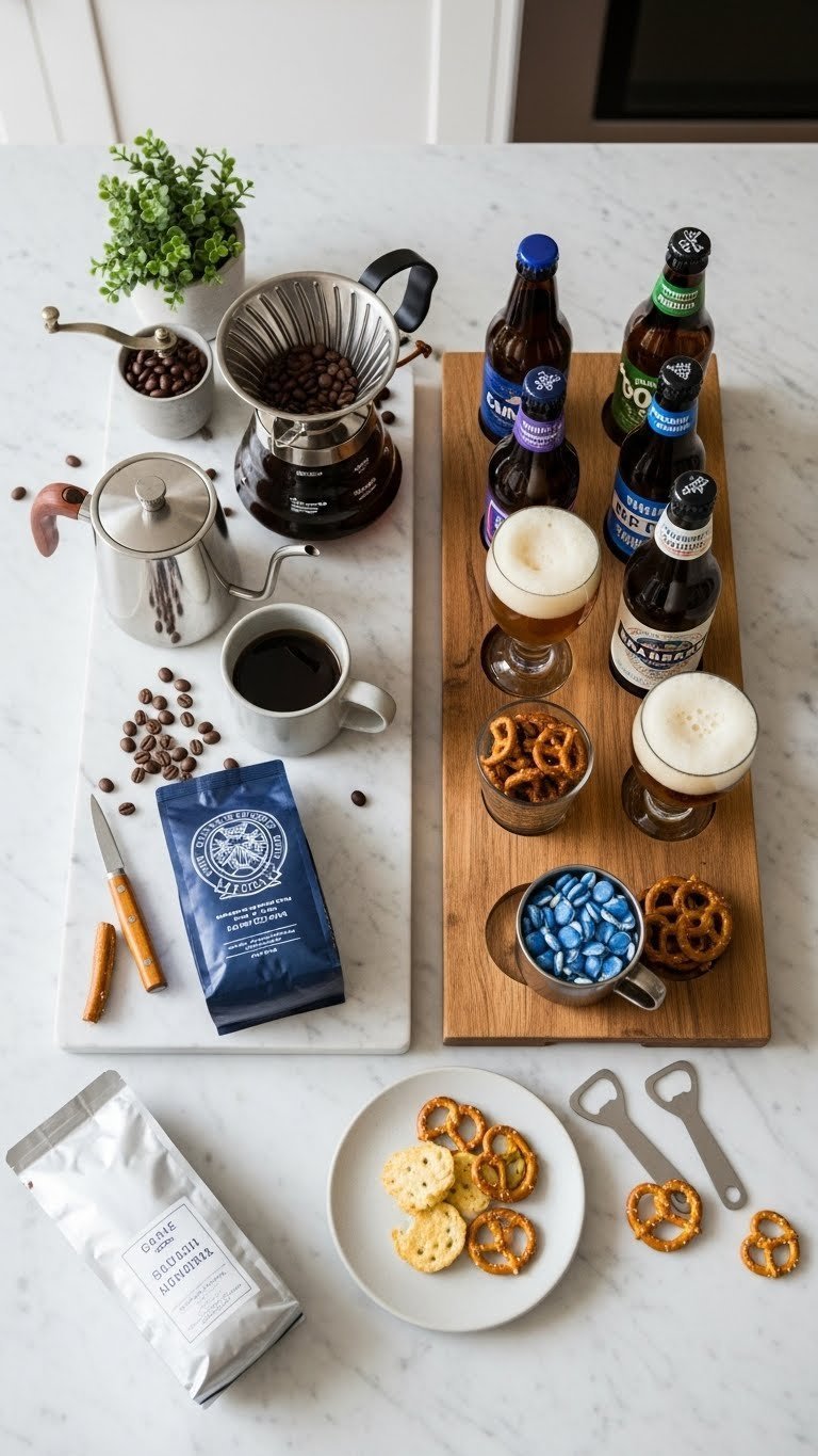 Artisanal coffee beans and pour-over maker arranged on marble countertop with tasting notes and small plant