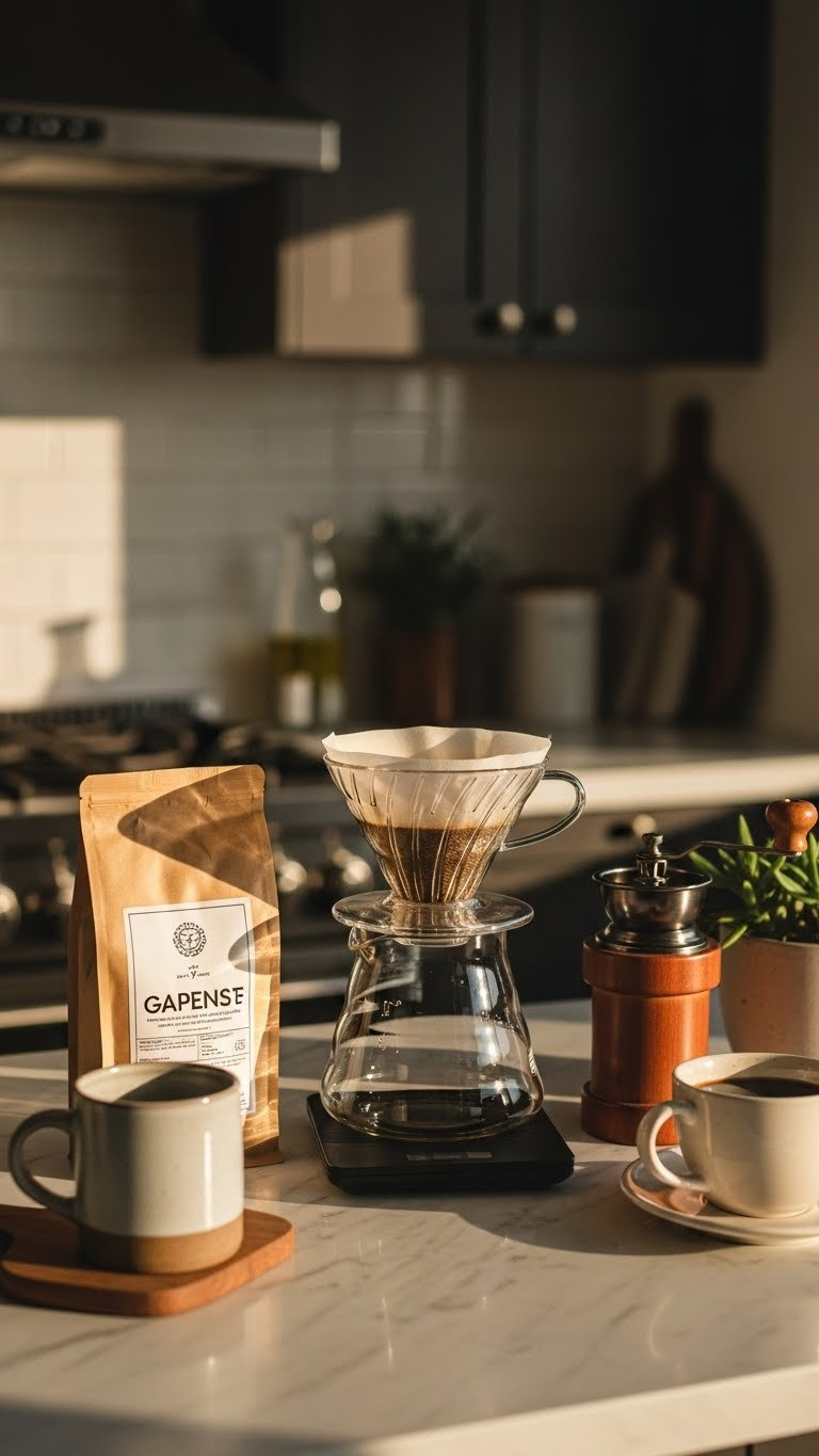 Artisanal coffee brewing setup with pour-over maker and gourmet beans arranged on marble countertop for morning ritual