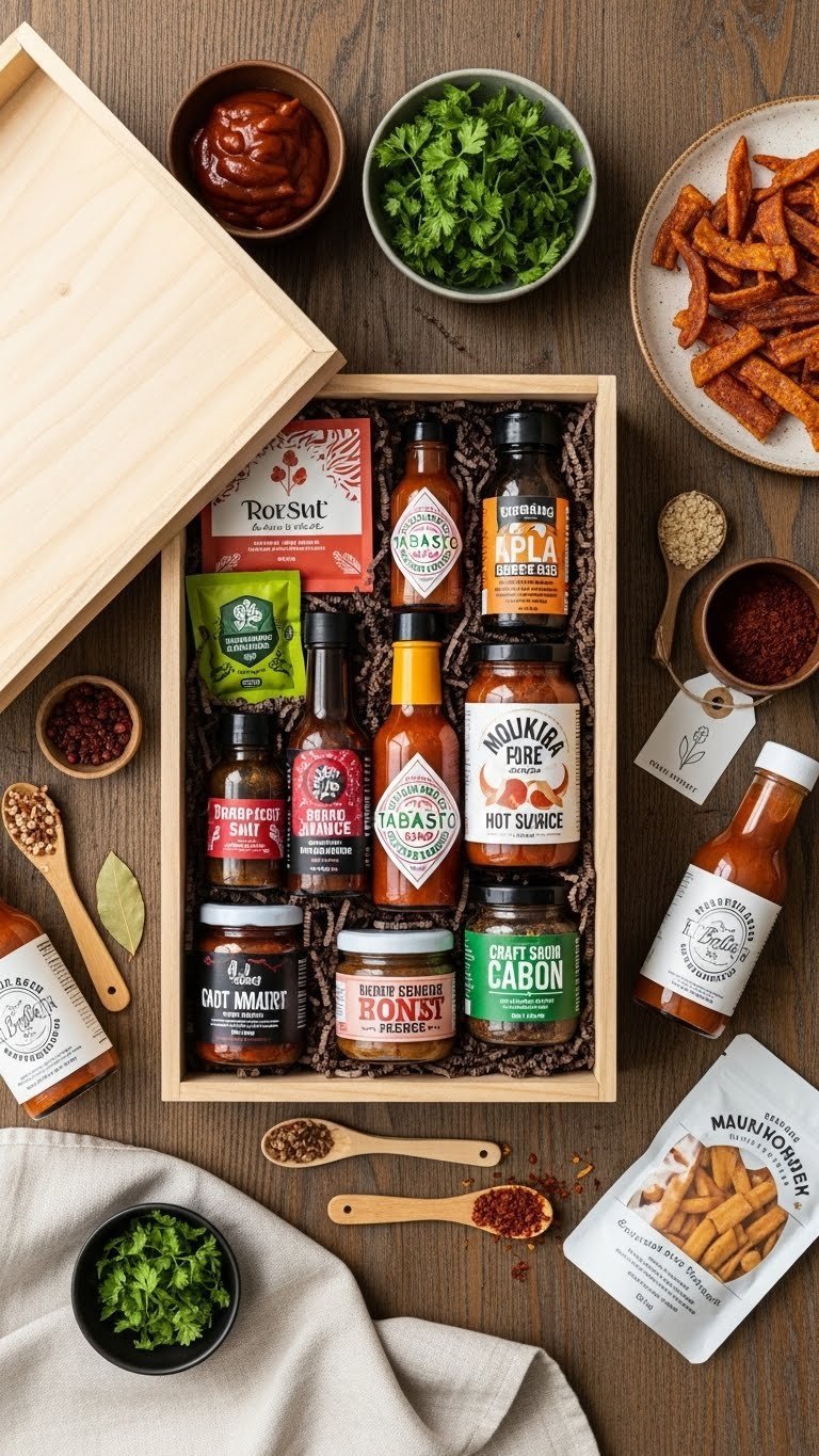 Artisanal hot sauce sampler box with colorful bottles arranged on rustic wooden table top-down view