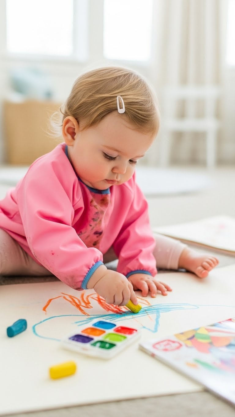 Artistic toddler scribbling with colorful crayons on paper for creative expression and fine motor skills development