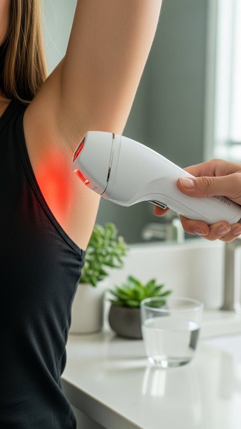 At-home diode laser device targeting armpit area with focused red beam and reduced hair growth