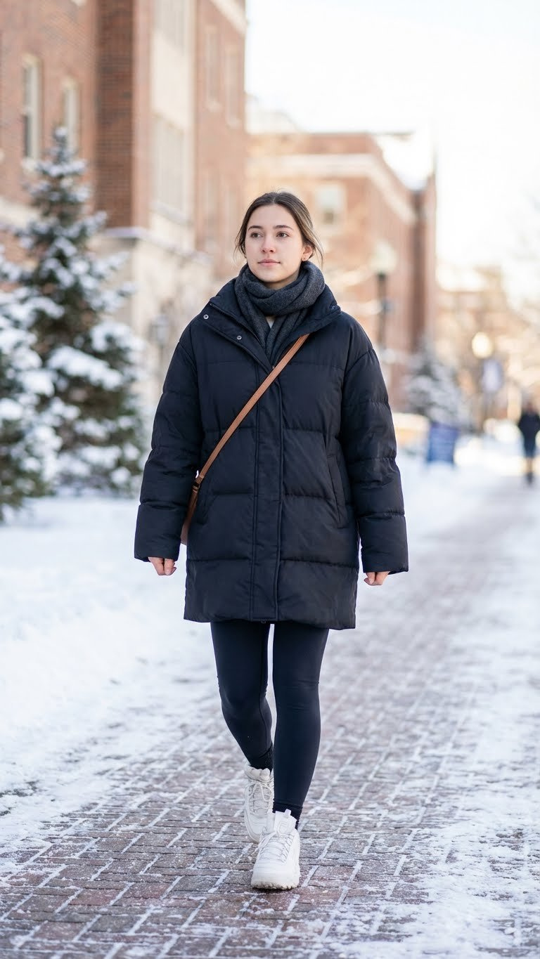 Athletic college student walks snowy campus in black matte puffer coat, dark thermal leggings, chunky white sneakers, wool scarf. Winter fashion.