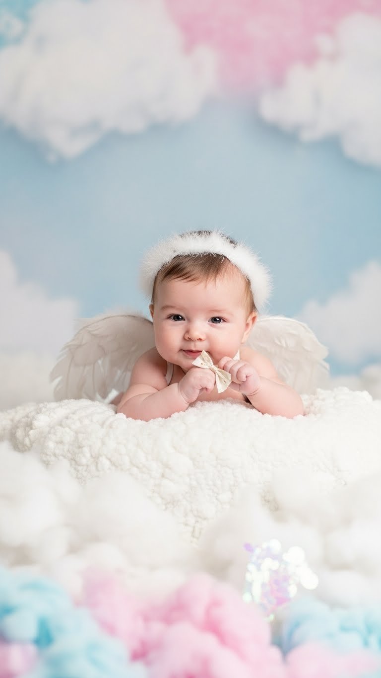 Baby dressed as cupid with feather wings lying on cloud-like blanket in dreamy Valentine's setting