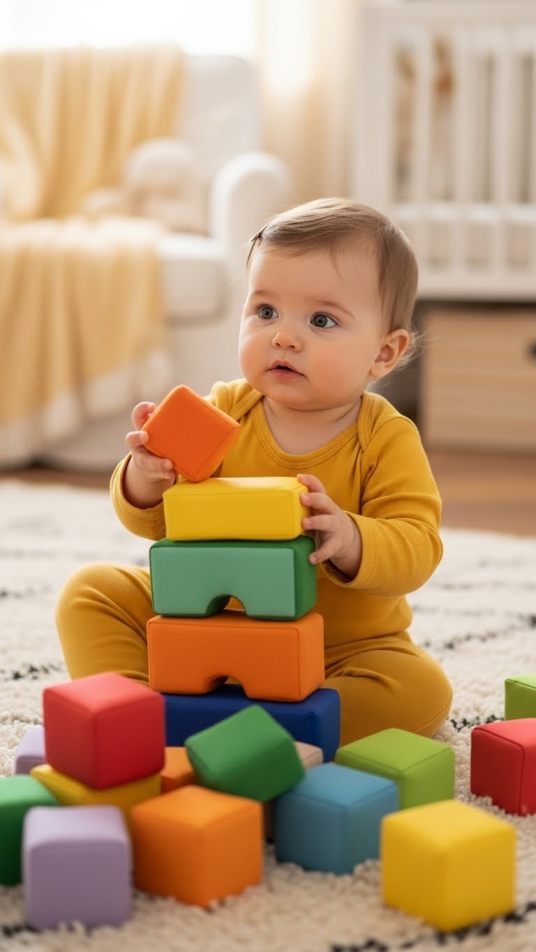 Baby girl building colorful soft blocks tower on fluffy rug for creativity and spatial reasoning development