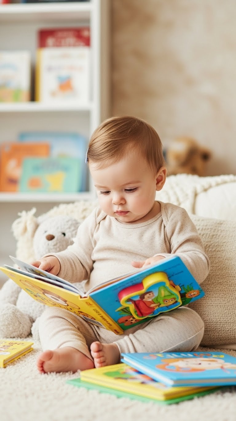 Baby girl reading colorful board book in cozy reading nook with soft lighting for early literacy development