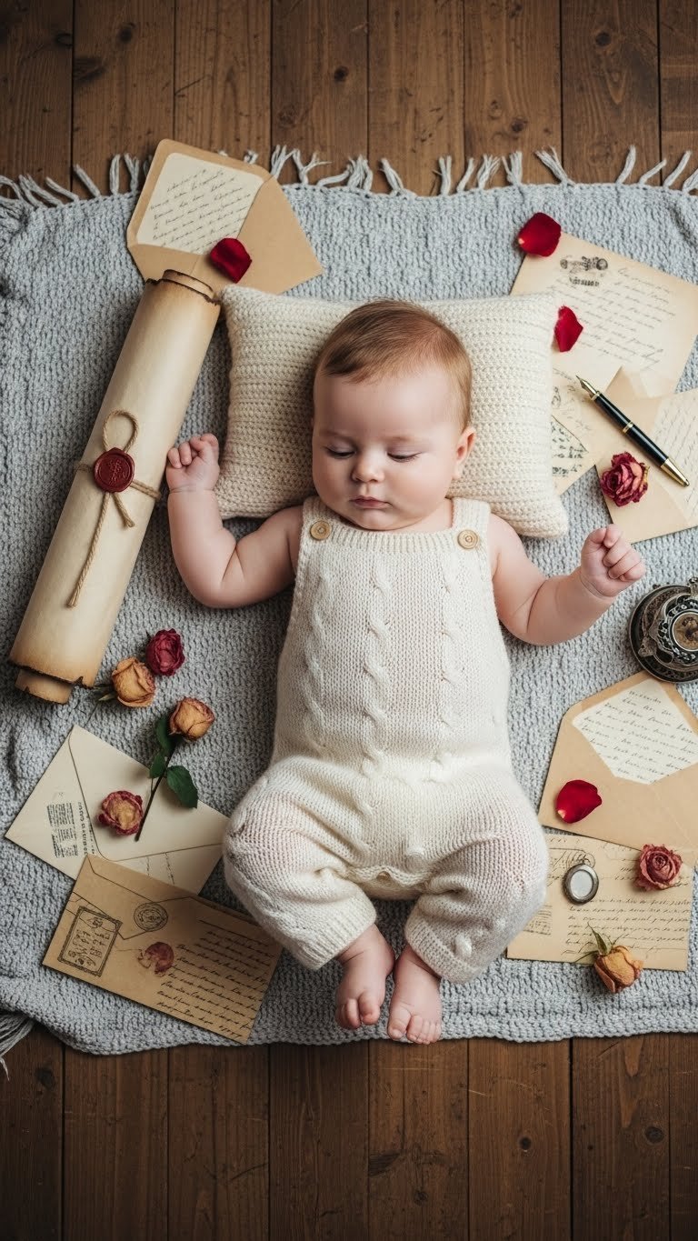 Baby in cream knitted romper surrounded by vintage love letters and rose petals on rustic floor