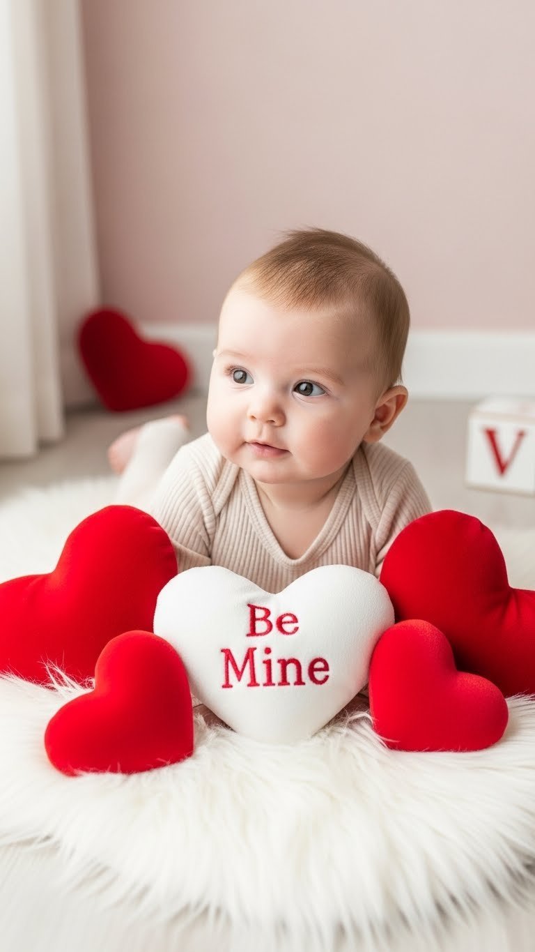 Baby in cream onesie surrounded by red velvet hearts on white faux fur rug for Valentine's Day photography
