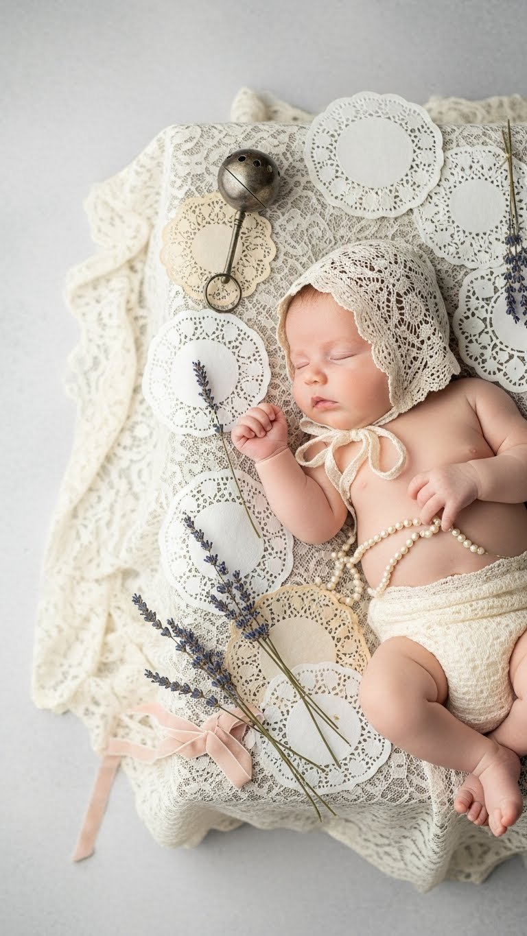 Baby in ivory lace bonnet surrounded by vintage paper doilies and lavender on antique tablecloth