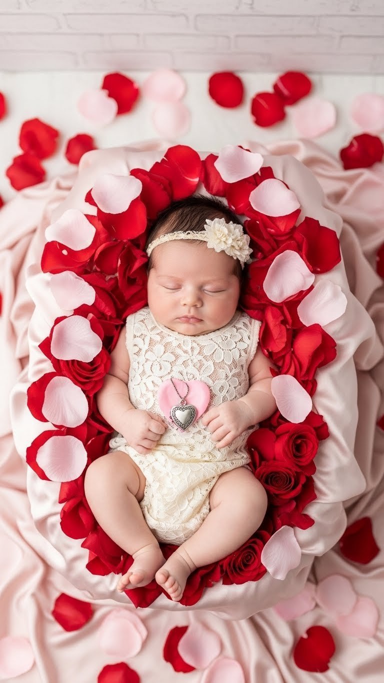 Baby in ivory lace romper nestled among fresh rose petals on blush pink satin sheet