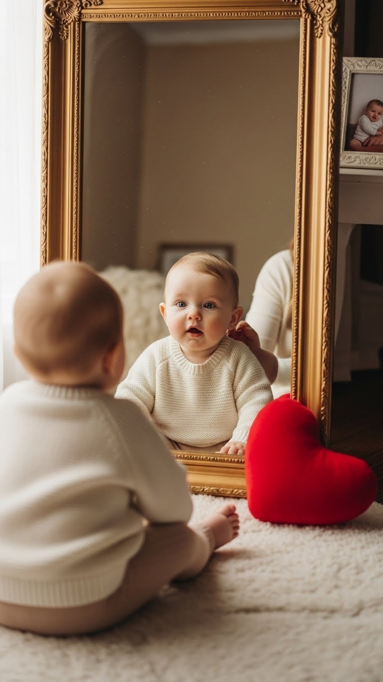 Baby looking into vintage gold-framed mirror with plush red heart nearby for Valentine's theme