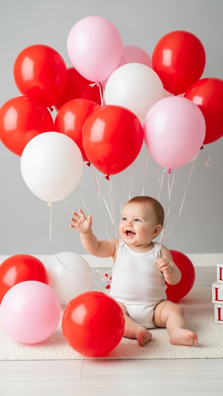 Baby sitting amidst vibrant red, pink, and white balloons in joyful Valentine's celebration