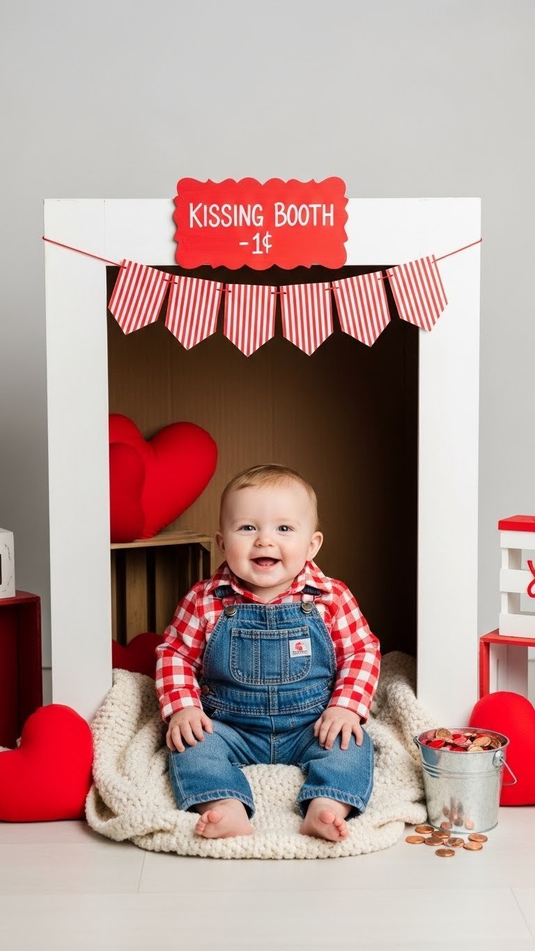 Baby sitting in homemade kissing booth with denim overalls and heart props for Valentine's Day