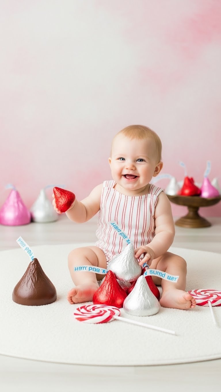 Baby sitting with colorful candy kisses and lollipops on white rug for playful Valentine's Day scene
