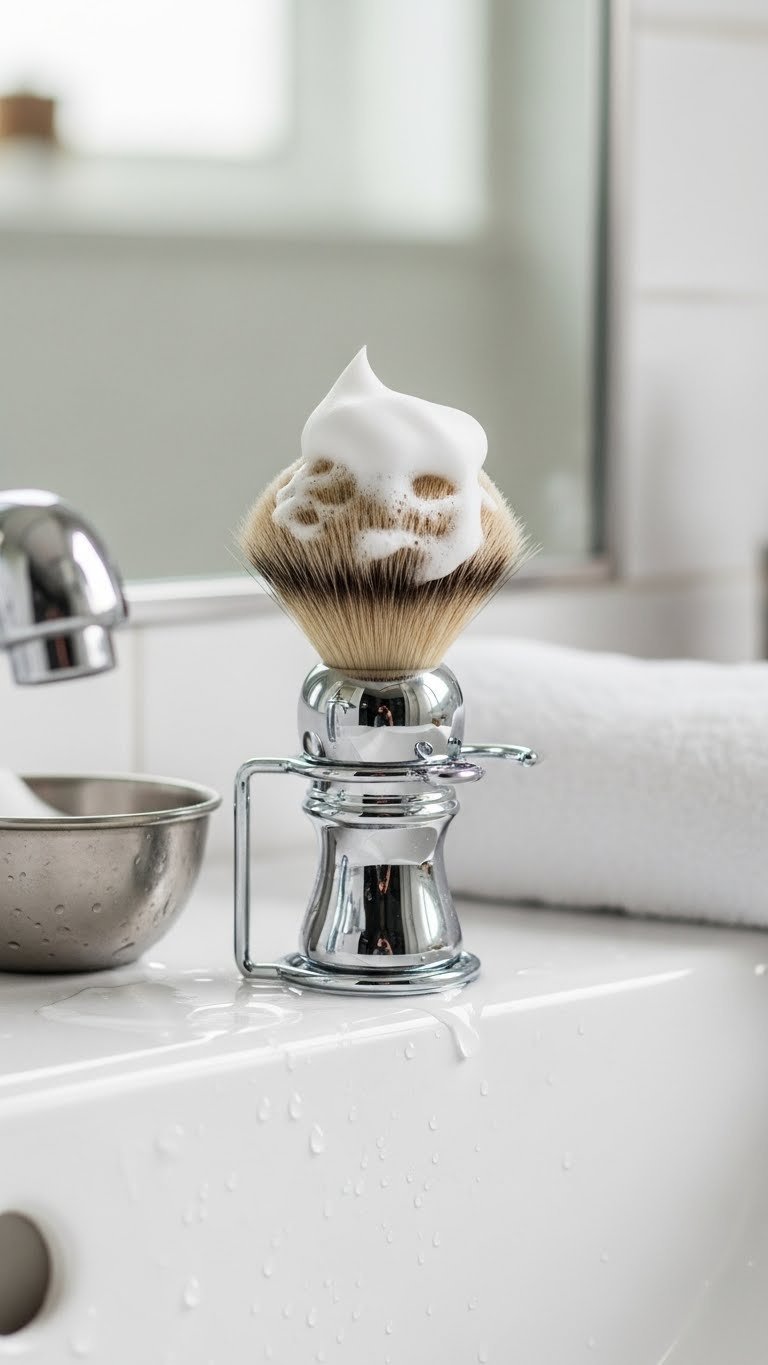 Badger hair shaving brush with chrome handle standing upright in matching stand with creamy lather