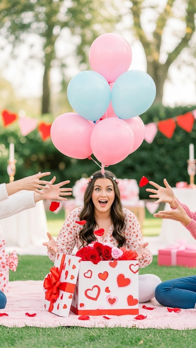 Balloon box pop with pink or blue helium balloons escaping from decorated white gift box during festive reveal